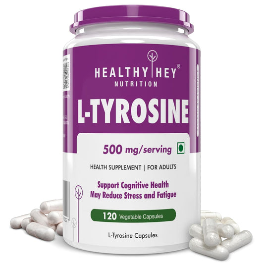 Healthy Hey Nutrition L-Tyrosine supplement container with purple lid and white body.