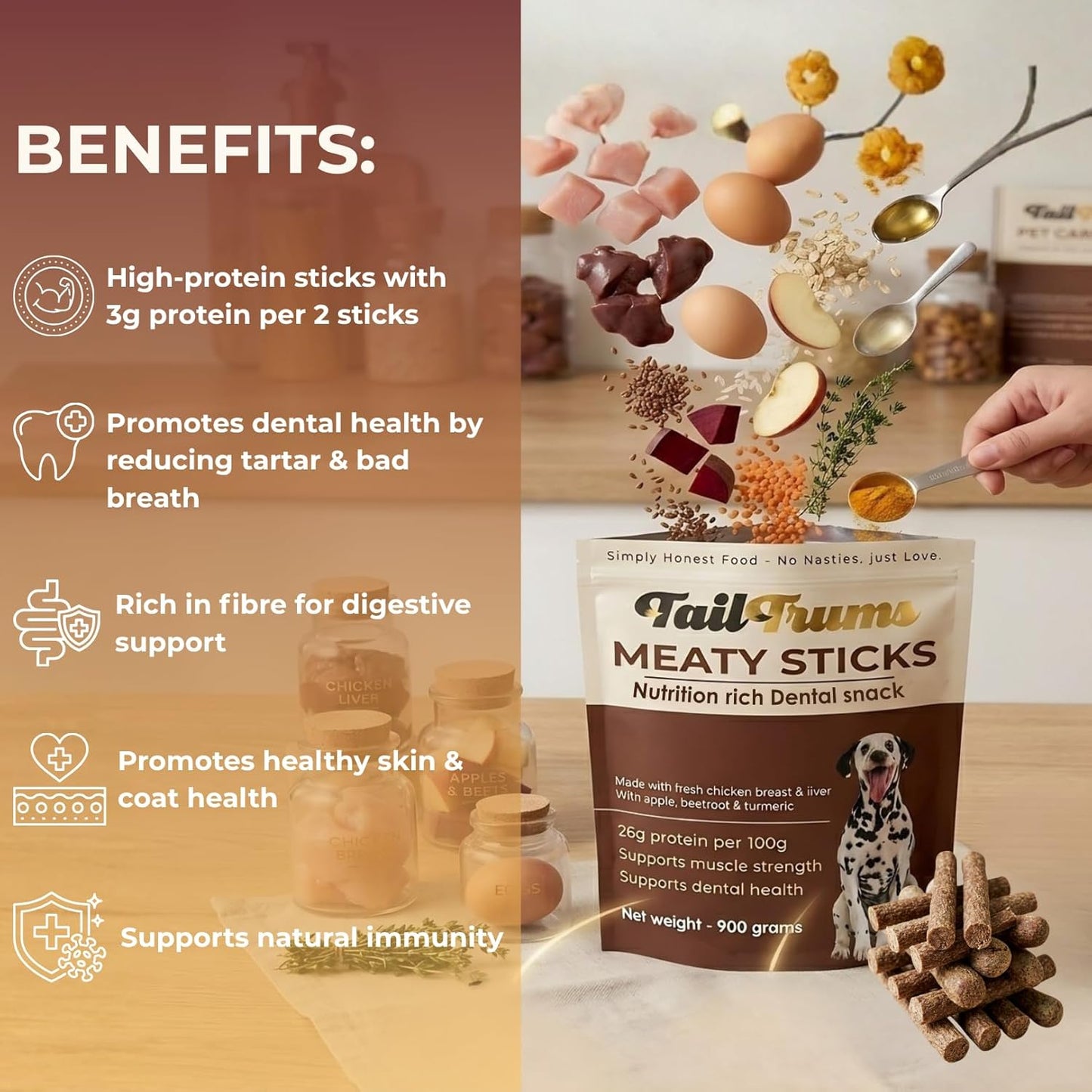 TailTrums Dog Chicken Meaty Sticks | Tailtrums Dog Sticks 900g | Healthy Dog Food | Freshly Baked Dog Treats | All Natural & Preservative Free | Dog Dental Stick | Human-Grade Ingredients | All Breeds |