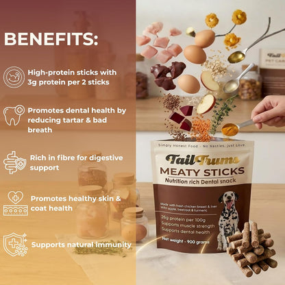 TailTrums Dog Chicken Meaty Sticks | Tailtrums Dog Sticks 900g | Healthy Dog Food | Freshly Baked Dog Treats | All Natural & Preservative Free | Dog Dental Stick | Human-Grade Ingredients | All Breeds |