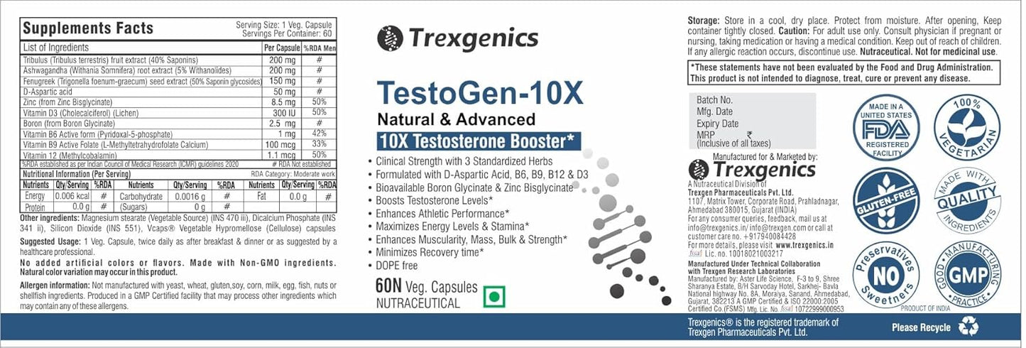 Supplement label for TestoGen-10X by Trexgenics with supplement facts and branding elements.