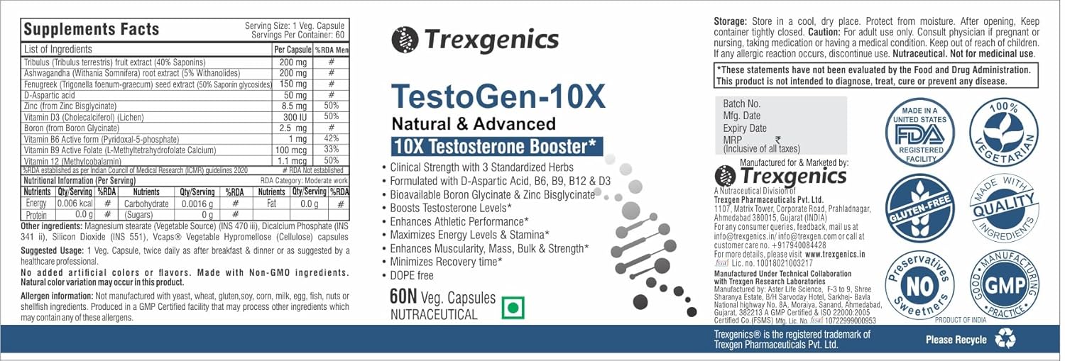 Supplement label for TestoGen-10X by Trexgenics with supplement facts and branding elements.