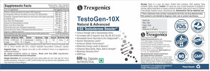 Supplement label for TestoGen-10X by Trexgenics with supplement facts and branding elements.