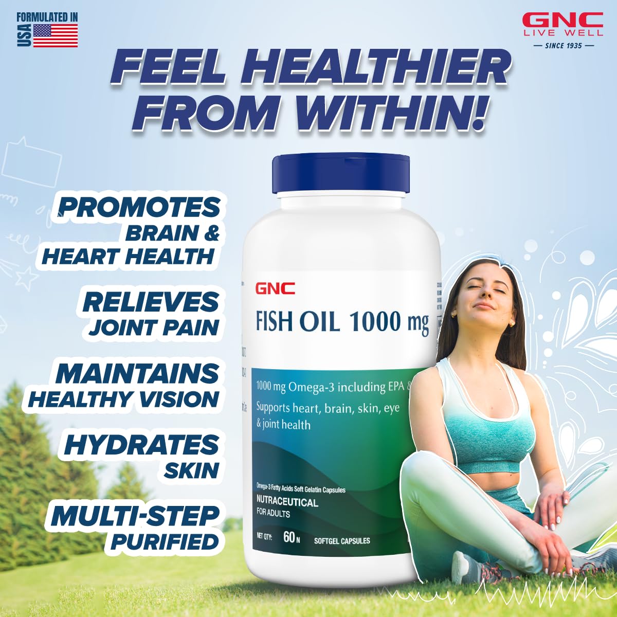 Zephivo GNC 1000 Mg Omega 3 Fish Oil for Men & Women | 60 Softgels | Omega 3 with 180 mg EPA & 120 mg DHA | Promotes Joint Health | Improves Focus & Memory | Protects Vision | Supports Healthy Cholesterol
