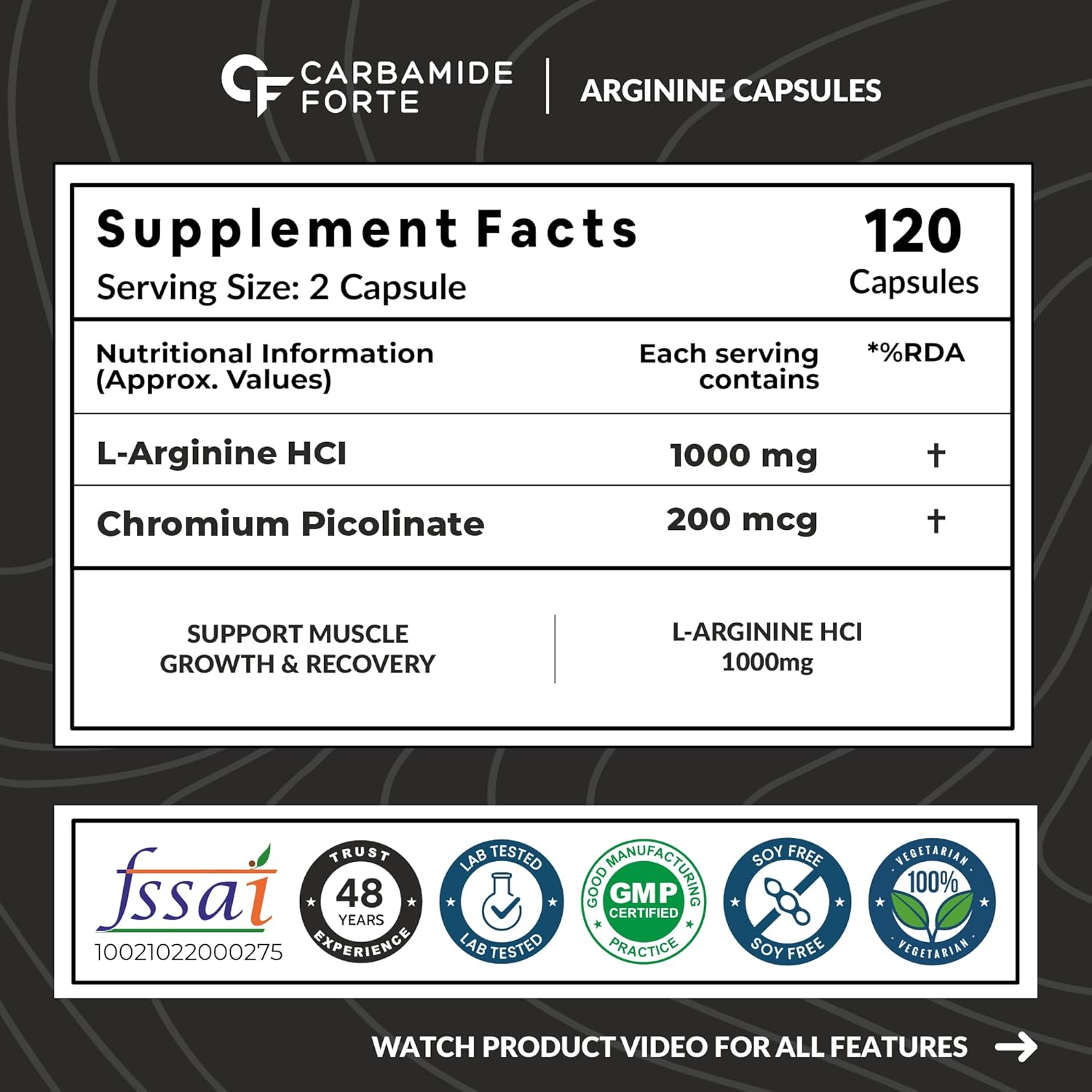 Supplement label for Carbamide Forte Arginine Capsules with nutritional information and certification logos.