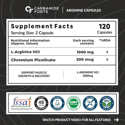 Supplement label for Carbamide Forte Arginine Capsules with nutritional information and certification logos.