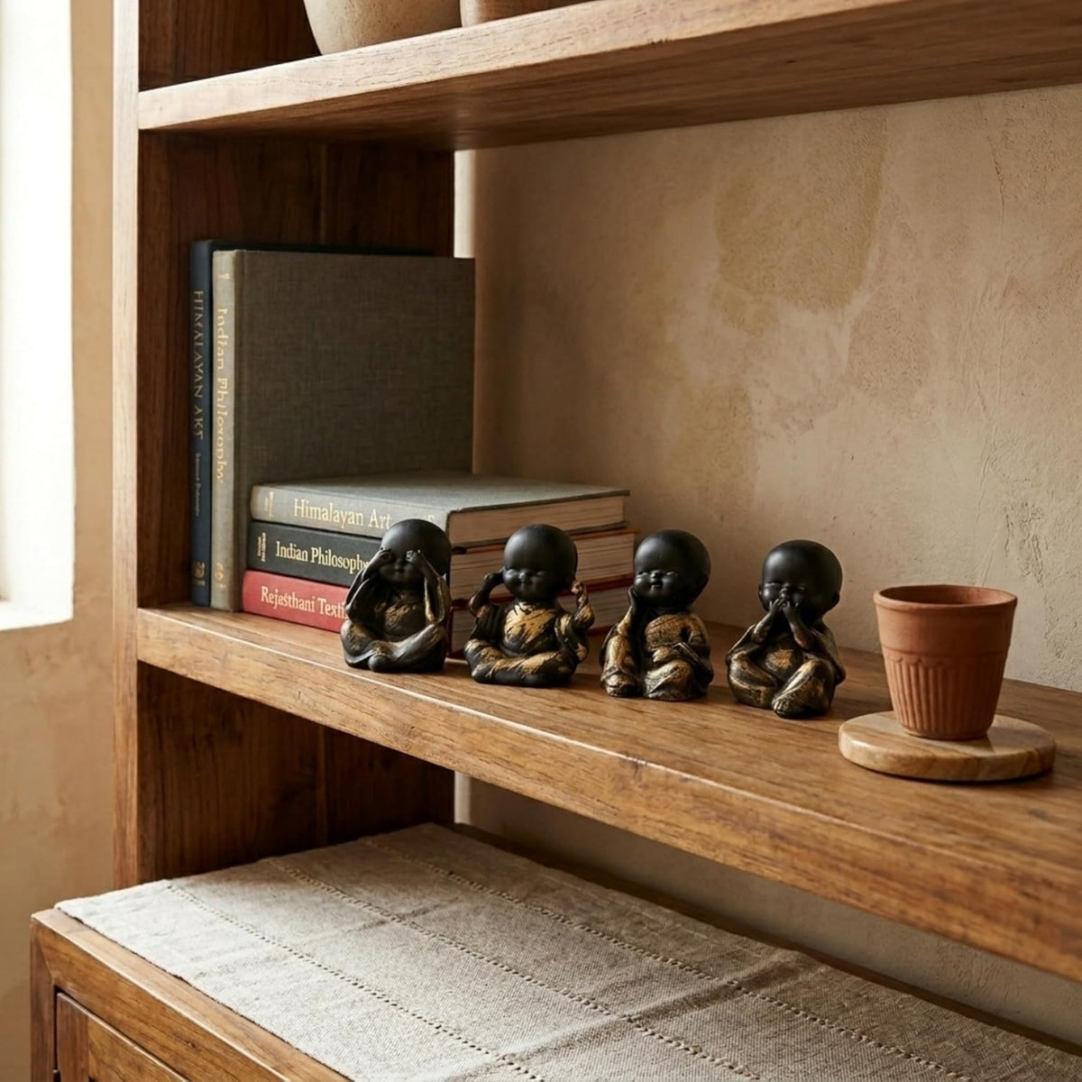Set of 4 Meditating Monk Baby Buddha Idols | See Hear Speak Pray No Evil Figurines for Home Decor, Living Room, Office Desk | Decorative Spiritual Showpiece Gift Set