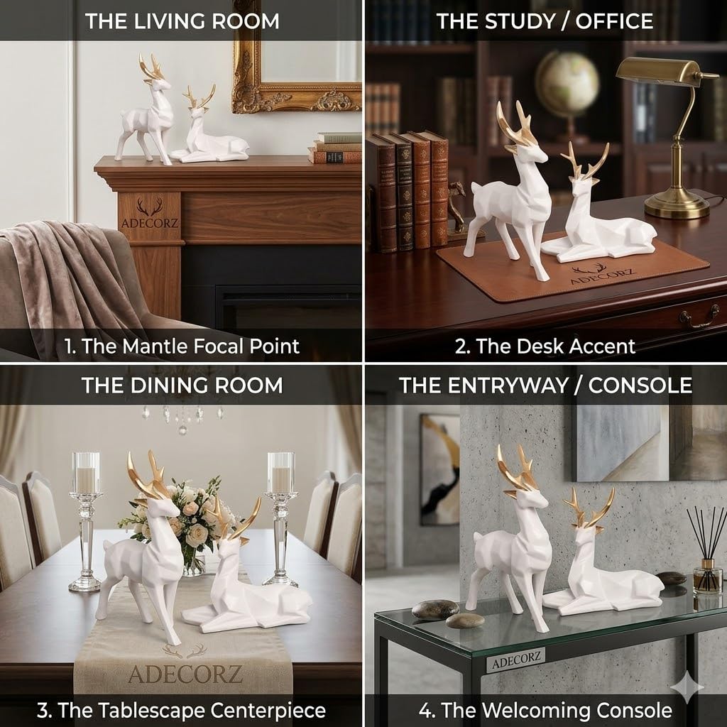 Geometric Resin Deer Sculpture Set of 2, White with Gold Antlers, Resin, 12.3 x 6.5 cm, Home Decor Figurines | Standing & Sitting Deer Pair | Creative Showpiece for Gift | Handcrafted