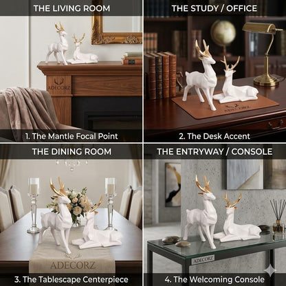 Geometric Resin Deer Sculpture Set of 2, White with Gold Antlers, Resin, 12.3 x 6.5 cm, Home Decor Figurines | Standing & Sitting Deer Pair | Creative Showpiece for Gift | Handcrafted