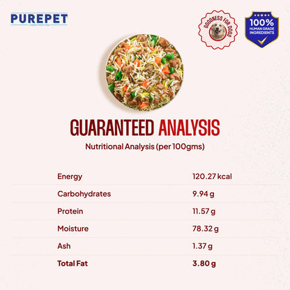 Purepet Fresh Dog Food Mutton Biryani, for Adult & Puppy, 100gm | High Protein, 65% Real Meat, 35% Veggies & Rice | No Preservatives | Ready to Serve | All Breeds | One Pack One Meal