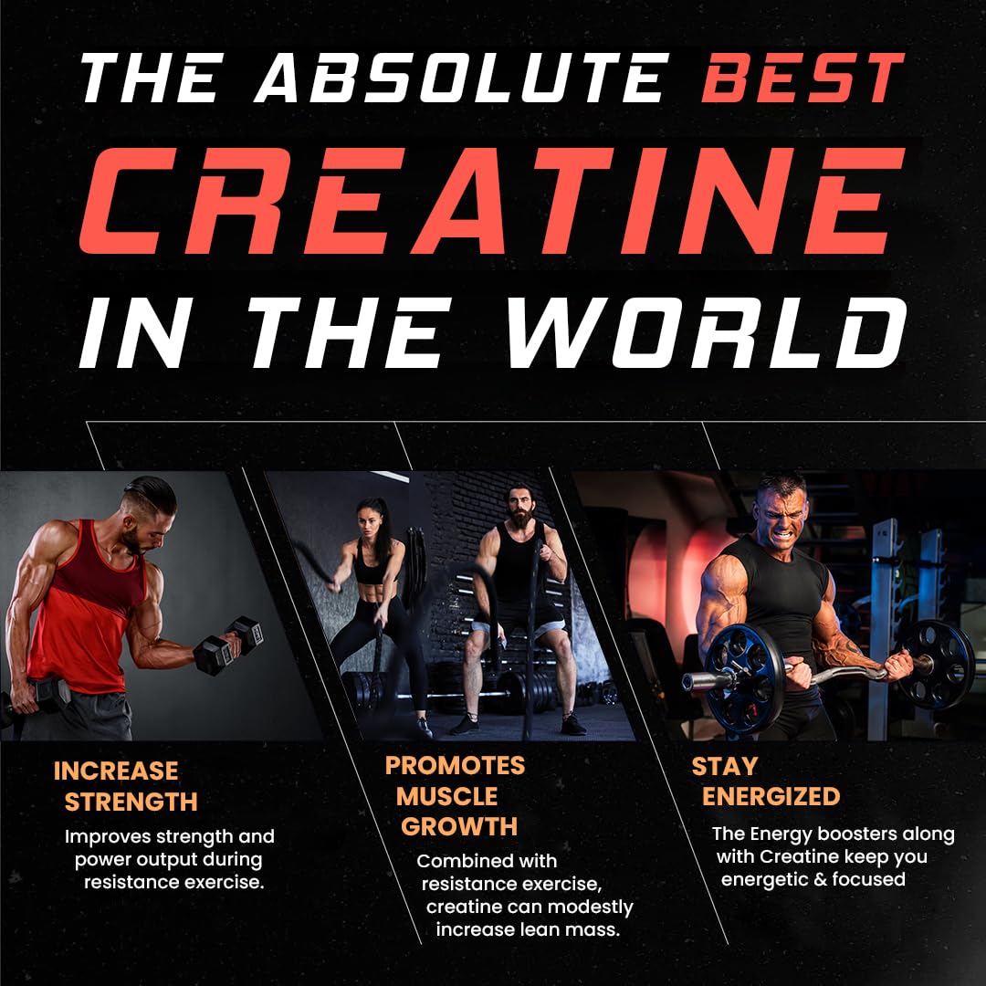 Advertisement for creatine supplement with text and images of people exercising.