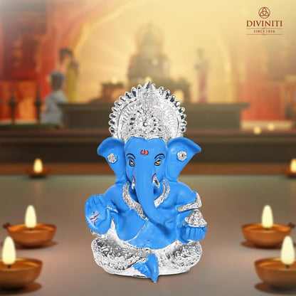999 Silver Plated Resin Lord Ganesha Idol for Car Dashboard, Tabletop|Ganesh Statue for Good Luck and Success|Ganpati Murti for Home Decor Mandir, Office Desk Puja Gift Blue (8.4x4.2cm)