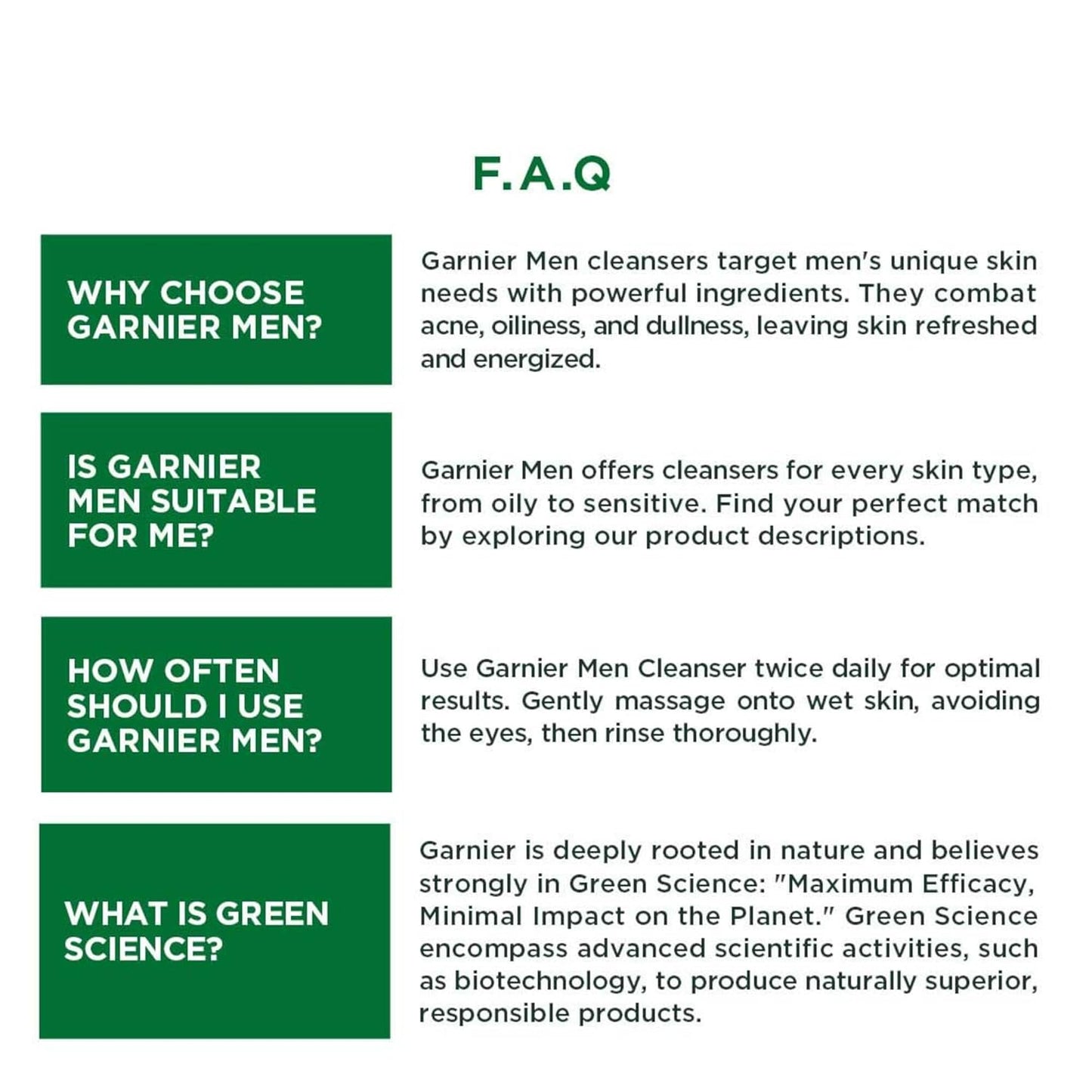 Garnier Men product information with green and white text on a white background