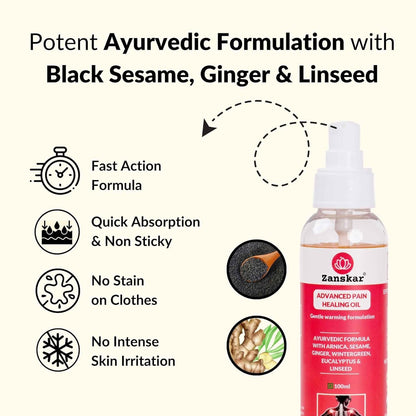 Zanskar Advanced Pain Healing Oil - 100 ml | Triple-Action Relief from Back Pain, Knee Pain, Inflammation | Natural Ayurvedic Formula - Black Sesame, Ginger & Eucalyptus | Fast-Absorbing & Non-Greasy (Pack of 1)