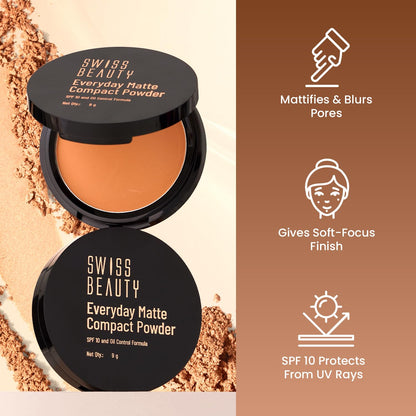 Swiss Beauty Everyday Matte Compact with SPF 10 | Oil-Control Formula | Blurs Pores | Soft-Focus Finish | Enriched with Vitamin E | Shade- 04 Honey, 9g