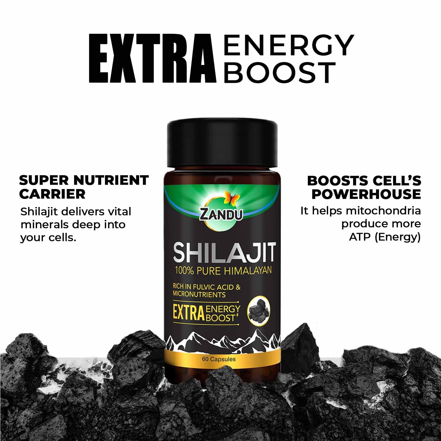 Zandu Shilajit Extra Energy Boost supplement bottle with text about its benefits on a white background.