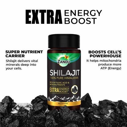 Zandu Shilajit Extra Energy Boost supplement bottle with text about its benefits on a white background.