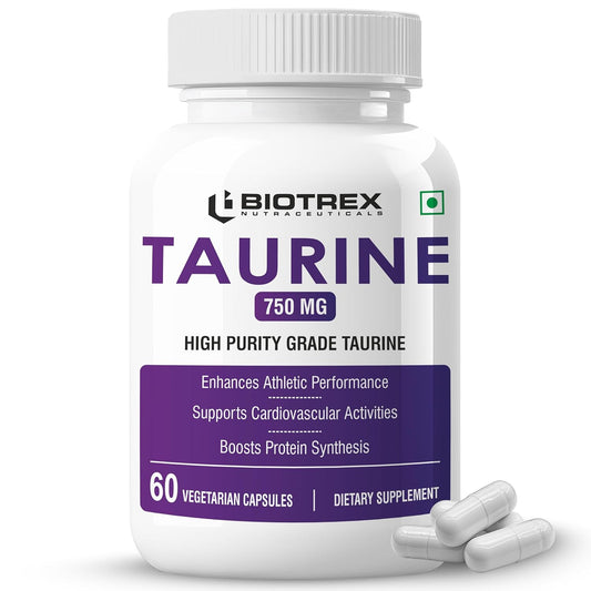 Biotrex Nutraceuticals Taurine 750mg | Antioxidant | Cardiovascular Health & Helps Enhanching Muscle Function | Eye Health | Amino Acid Supplement For Athletic Performance | Men & Women - 60 Veg Capsule