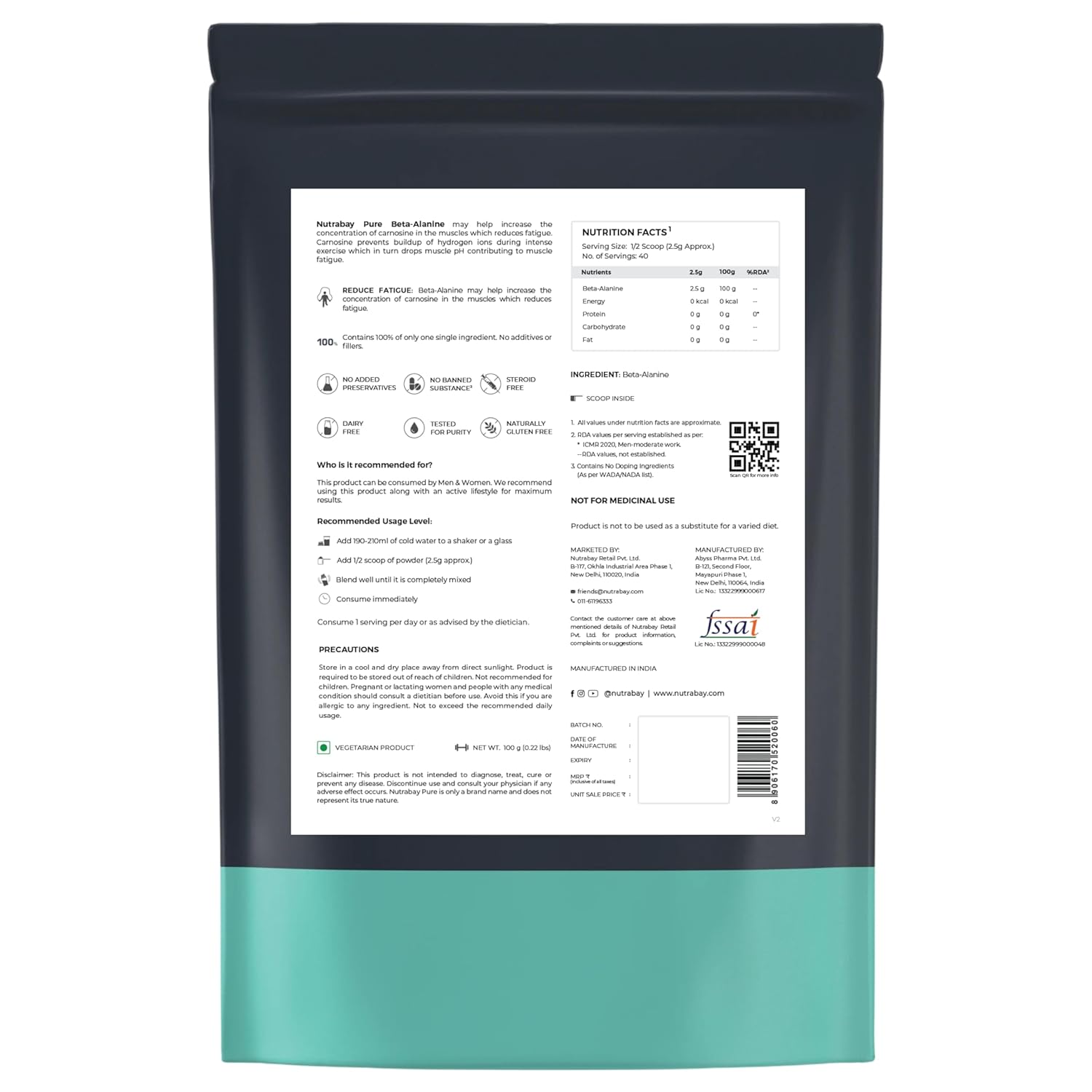 Back view of a product packaging with text and QR code on a white background