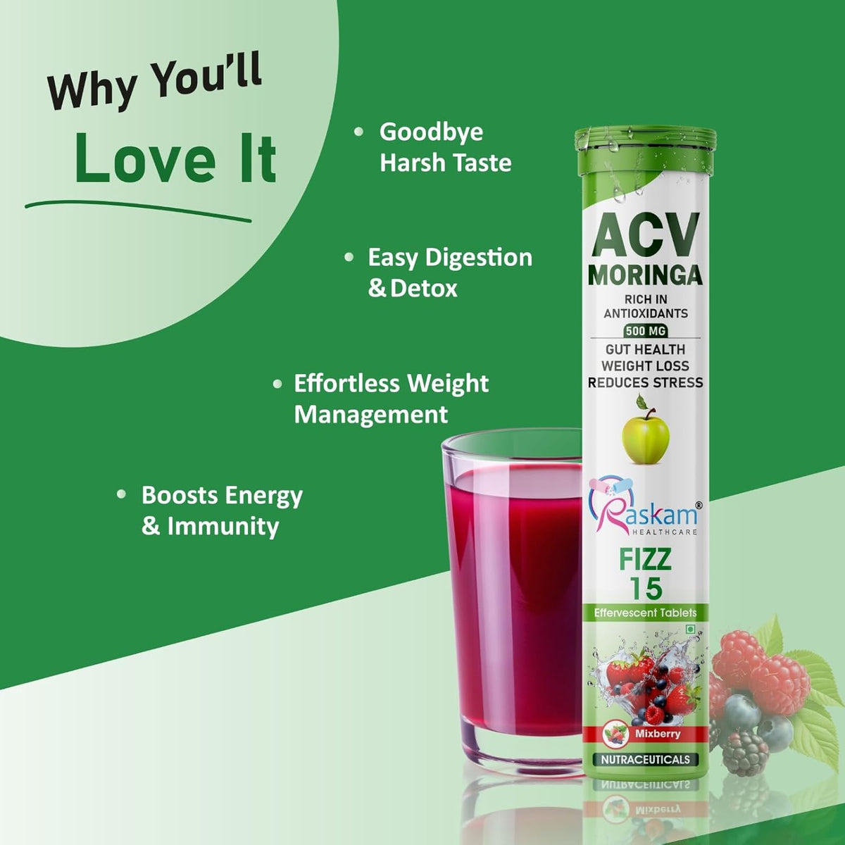 ACV Moringa supplement with a glass of juice on a green background