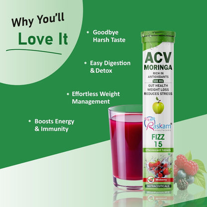 ACV Moringa supplement with a glass of juice on a green background