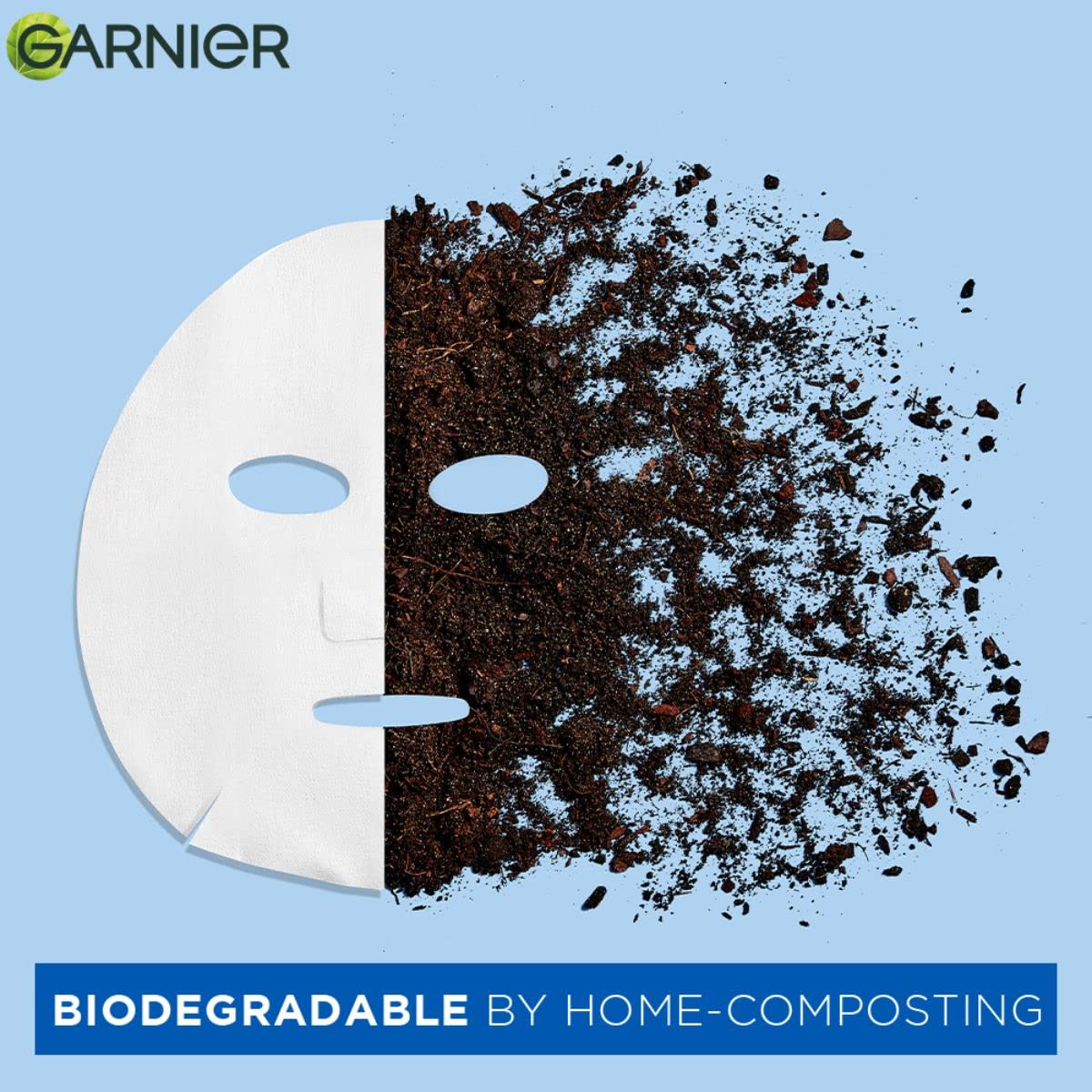 Garnier biodegradable mask with compostable material on a blue background