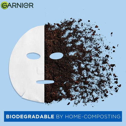 Garnier biodegradable mask with compostable material on a blue background