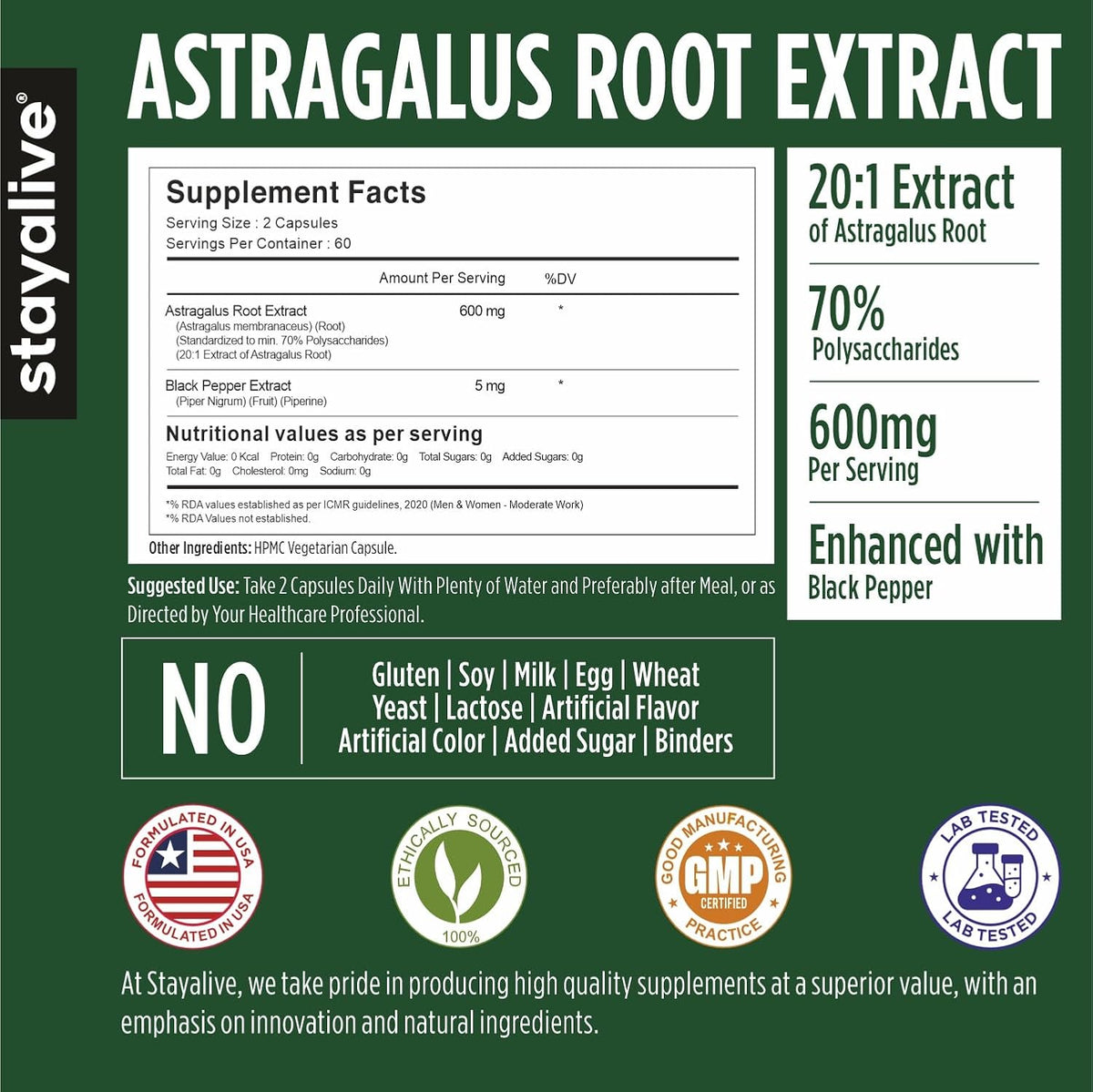 STAYALIVE Astragalus Root Extract 600mg, 70% Polysaccharides, 120 Capsules