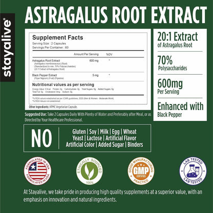 STAYALIVE Astragalus Root Extract 600mg, 70% Polysaccharides, 120 Capsules