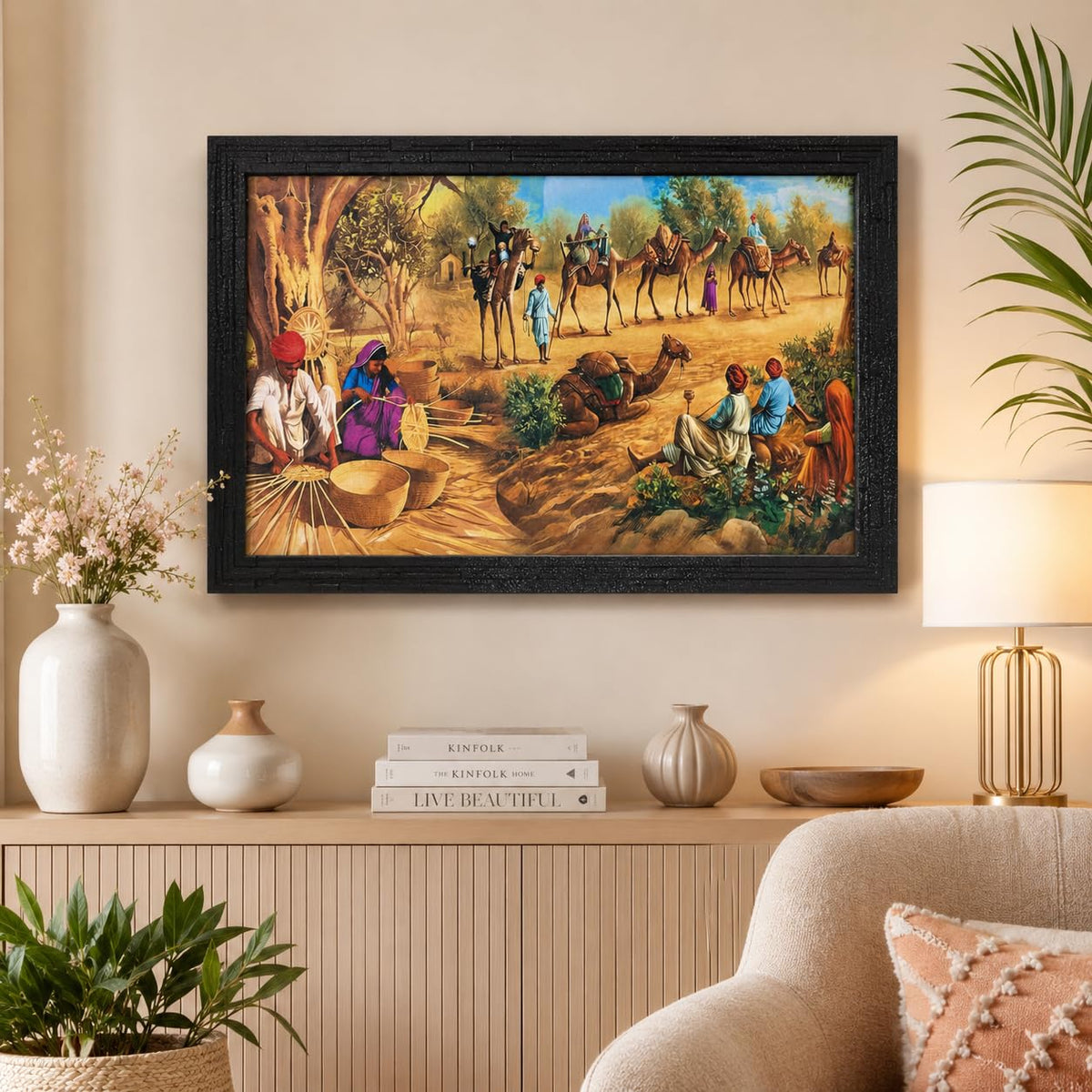 Wood Village Scene Art Framed Painting| Ready To Hnag - (13.5 X 19.5 Inch, Multicolor)