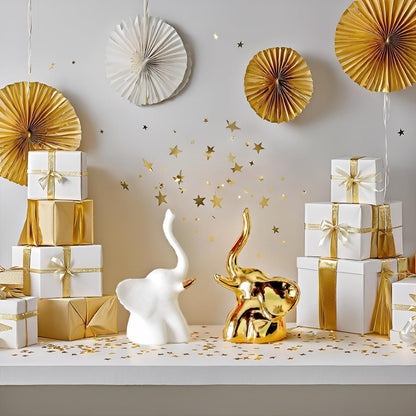 Street27® Home Decor Elephant Statue For Good Luck,Fengshui Ceramic Creative Small Modern Style Elephant Idol Figurines,Decorative Gift Items For Home,Office Desktop,Living Room (2pcs),White,Gold