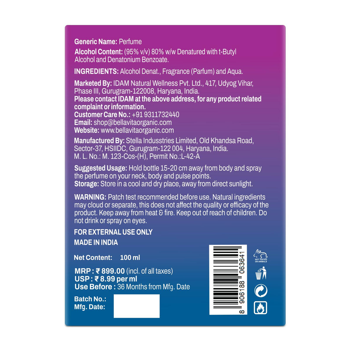 Back label of a perfume bottle with text and product details on a purple and blue background