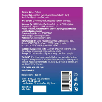 Back label of a perfume bottle with text and product details on a purple and blue background