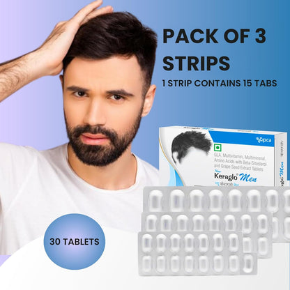 Keraglo Men Hair Nourishment Tablets (15 Tablets x 3 Strips) – With Amino Acids, Antioxidants, Vitamins & Herbal Extracts – Supports Scalp Health & Hair Strength – Dietary Supplement