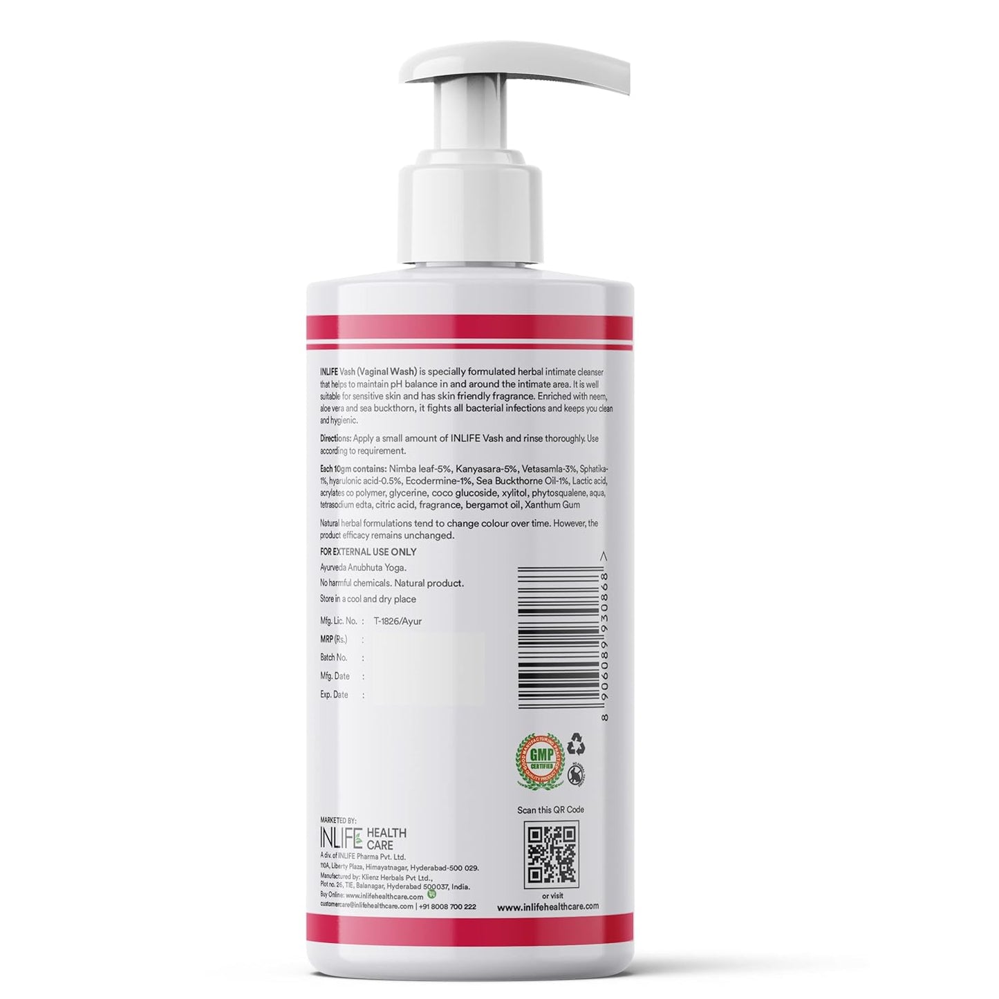 INLIFE Vash Intimate Wash for Women 250ml | Intimate Hygiene | Feminine Wash for Odour, Anti-Bacterial properties | Maintains pH levels (Pack of 1, 250)