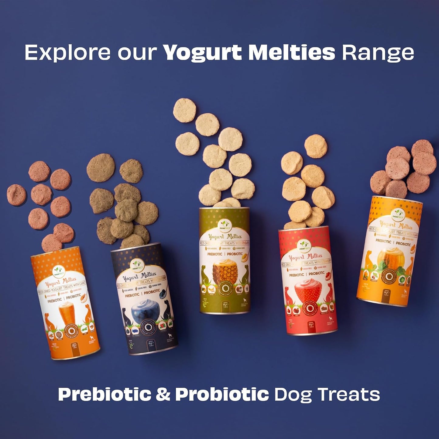 Pawfect Yogurt Melties Freeze Dried Pre and Probiotic Dog Treats with Blueberry, Cranberry, Blue Spirulina & Mint - Healthy Gut - Low Calories - Grain & Gluten Free - Training Treats (38g/1.34oz)