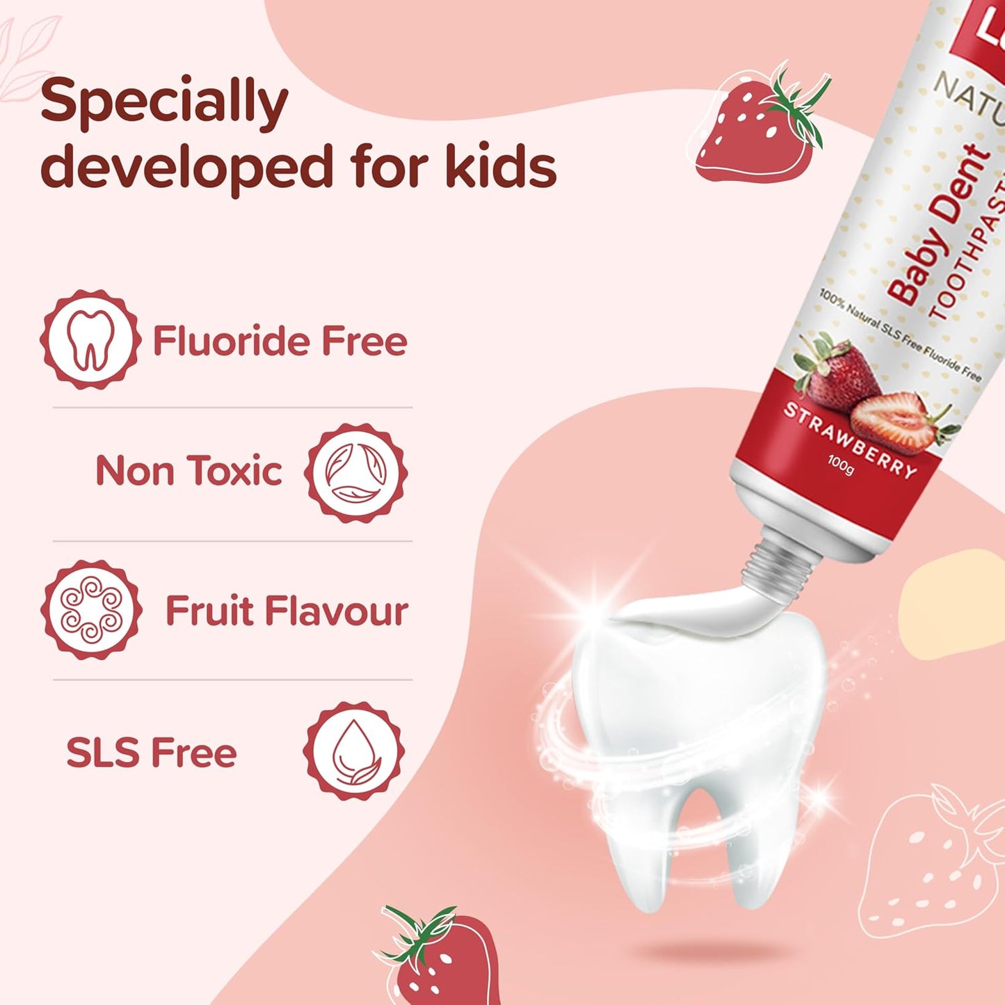 LuvLap Naturals Baby Dent 100% Natural Toothpaste for Kids, Strawberry Flavour, SLS &Fluoride Free, Removes Plaque, Prevents Bacterial Growth, Ensures Shiny White Teeth, Neutral pH,12M+, 100g
