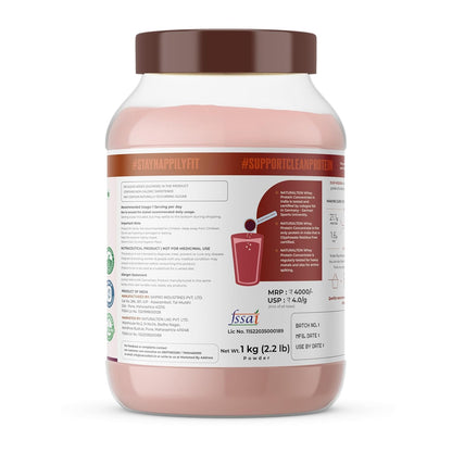 Pink protein powder container with label on a white background