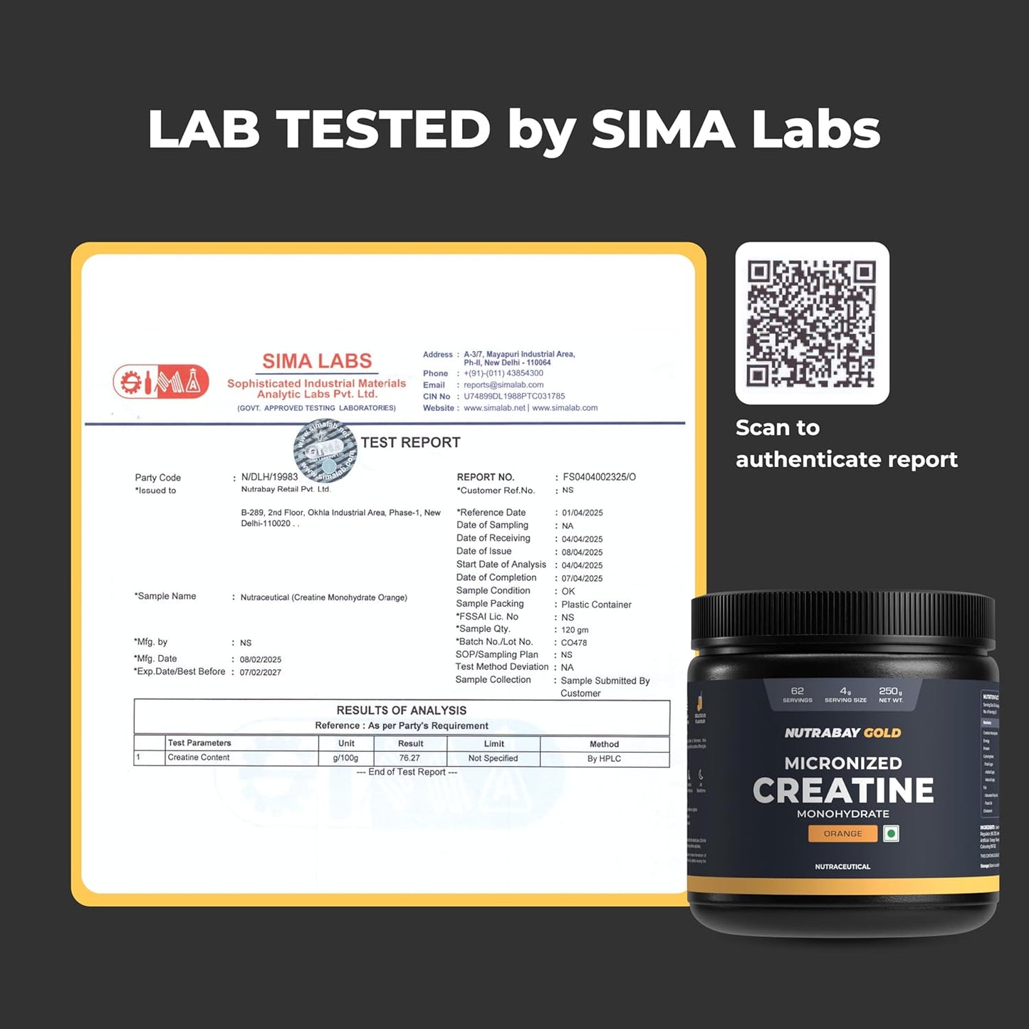 Nutrabay Gold Micronised Creatine Monohydrate Powder 3000 mg Creatine per Serving, NABL Lab Tested – Increases Muscle Mass, Strength & Power – Pre/Post Workout Supplement – 250 g, Orange