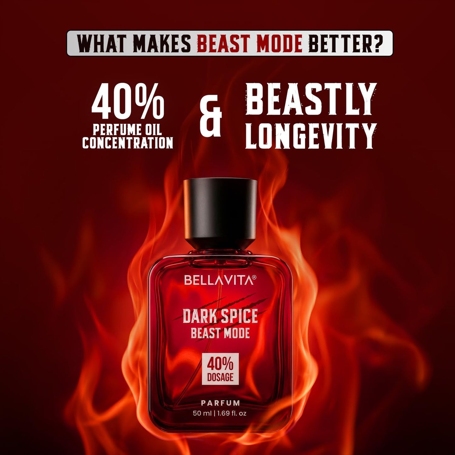 Bottle of Bellavita Dark Spice Beast Mode perfume with flames and promotional text on a red background