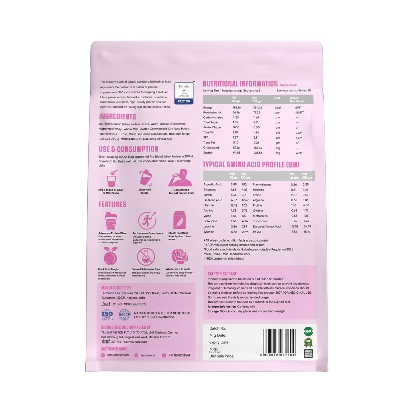 Trunativ Pro Blend Whey Protein Powder Isolate & Concentrate | 100% Light & Clean Protein Powder | 26g Protein | 6g BCAA | 12.52g EAA | No added sugar | Rose Milk 2lbs (907g)