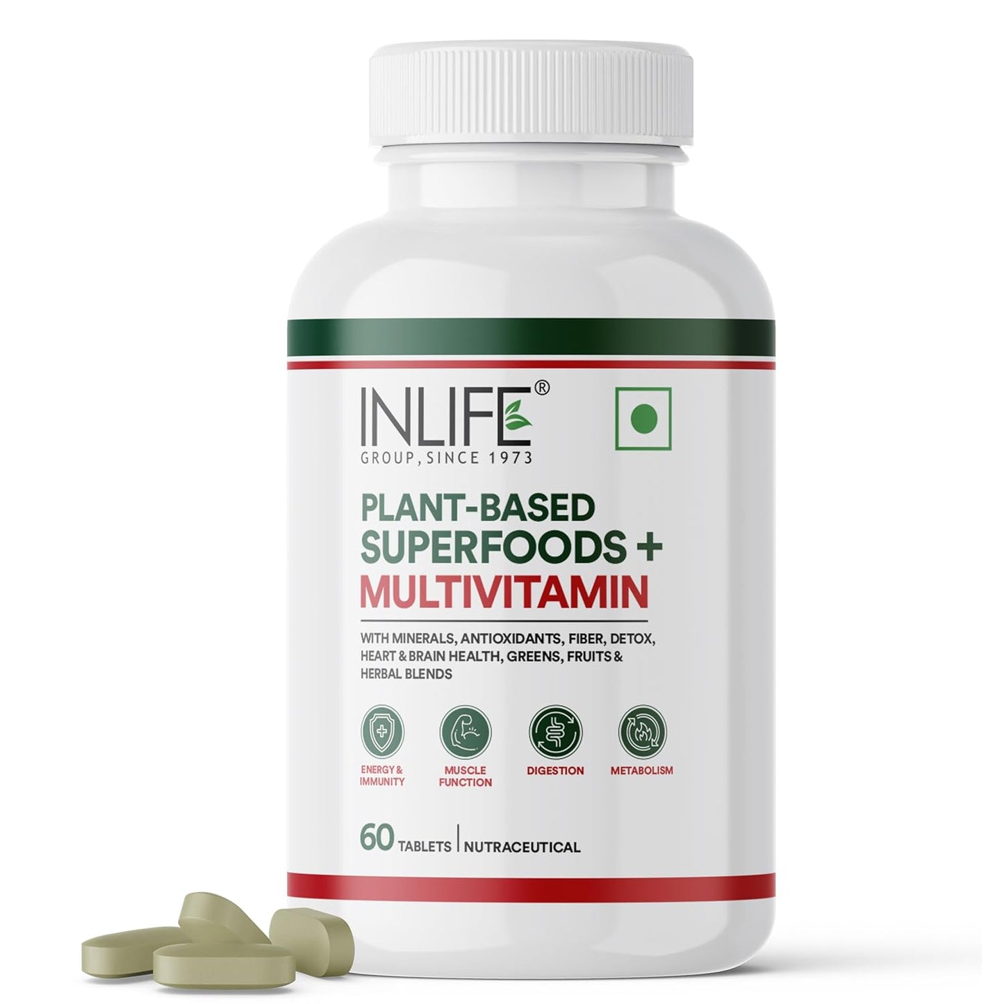 INLIFE Plant Based Multivitamin Tablets for Men & Women | 75+ Ingredients with Vitamins B12, D3, Superfoods, Greens, Vegetables, Fruits & Herbs Supplement for Immuntiy - 60 Tablets (Pack of 1)