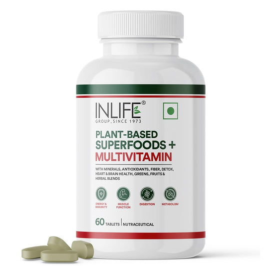 INLIFE Plant Based Multivitamin Tablets for Men & Women | 75+ Ingredients with Vitamins B12, D3, Superfoods, Greens, Vegetables, Fruits & Herbs Supplement for Immuntiy - 60 Tablets (Pack of 1)
