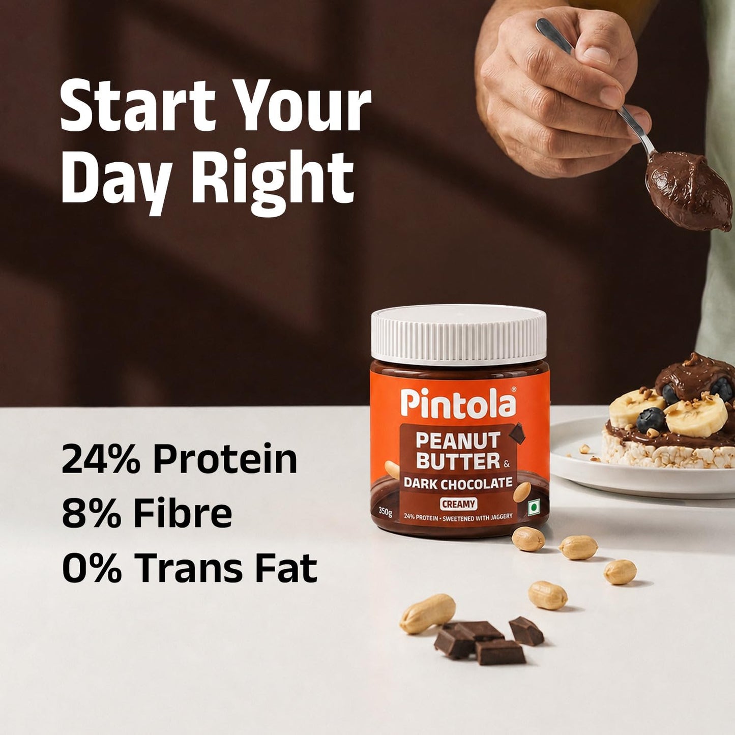 Pintola Peanut Butter Chocolate Flavour Creamy - 24g Protein & 7.9g Dietary Fiber, Made with Premium Roasted Nuts & Cocoa, Gluten Free, Zero Cholesterol & Trans Fat, Vit E & B3, Dark Chocolate