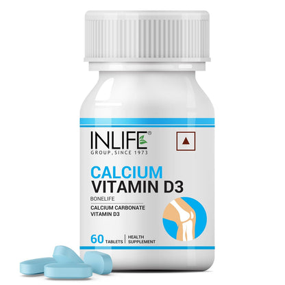 INLIFE Calcium and Vitamin D3 Tablets for Men Women | Calcium Carbonate Supplement for Bone and Joint Support - 60 Tablets (Pack of 1)
