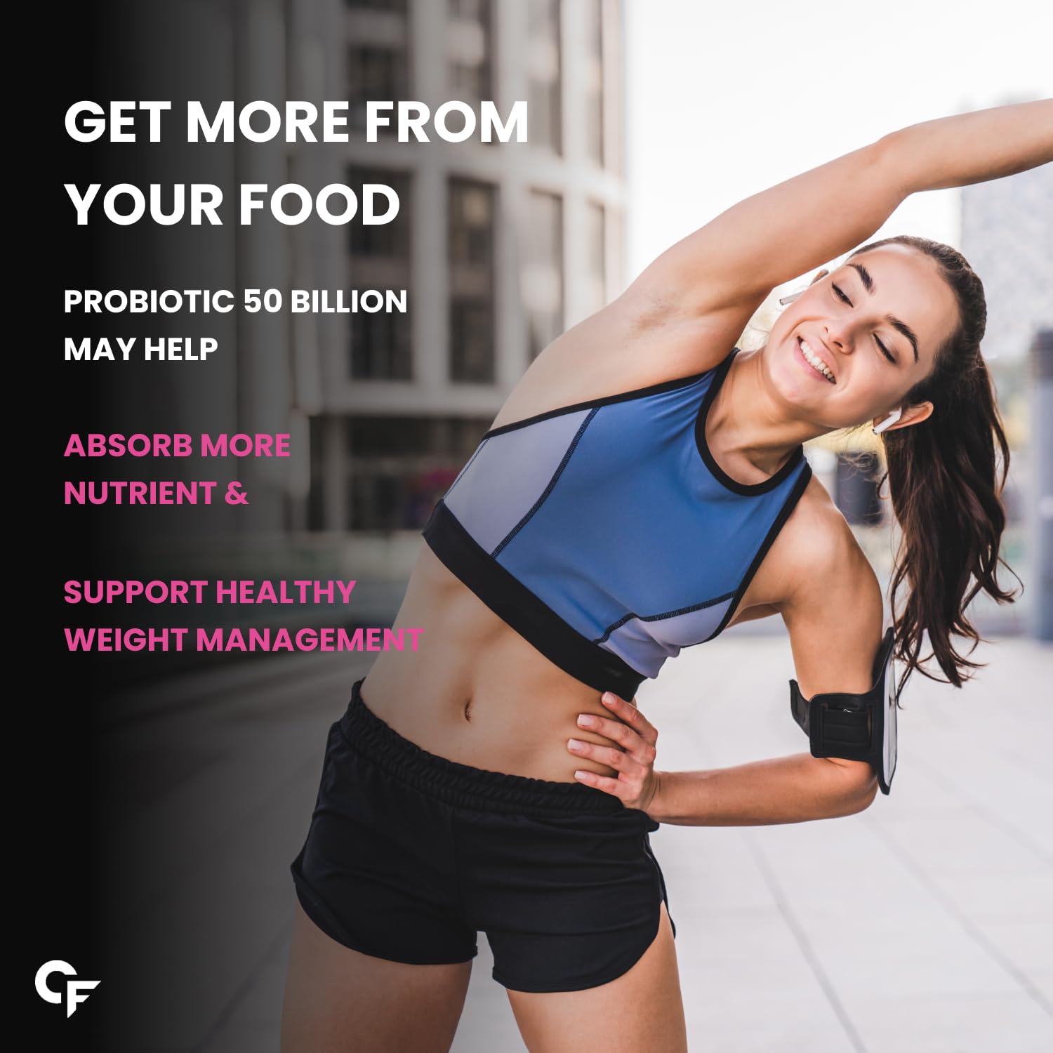 Woman in athletic wear stretching outdoors with promotional text about probiotics.