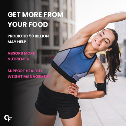 Woman in athletic wear stretching outdoors with promotional text about probiotics.