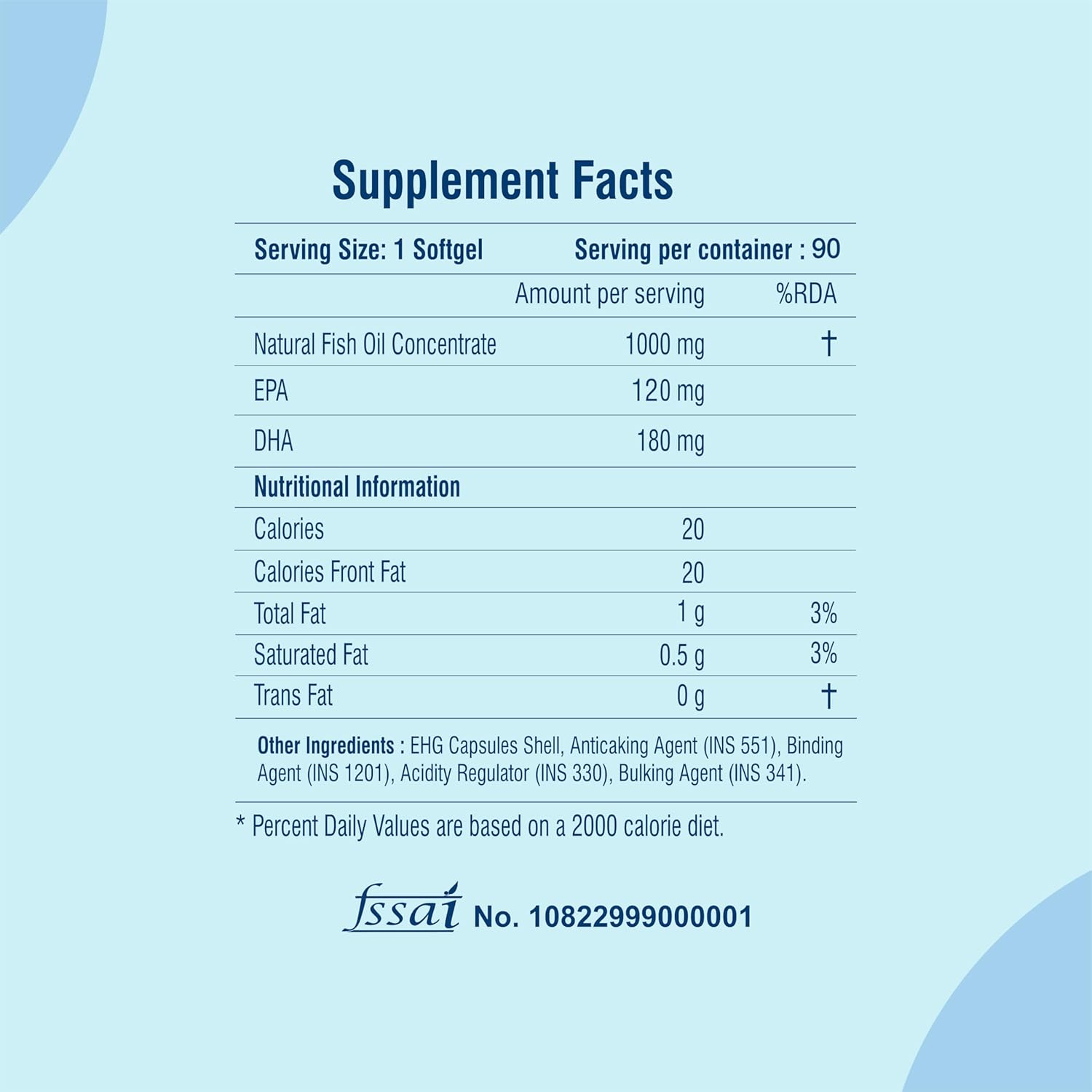 Supplement facts label for a fish oil product on a light blue background