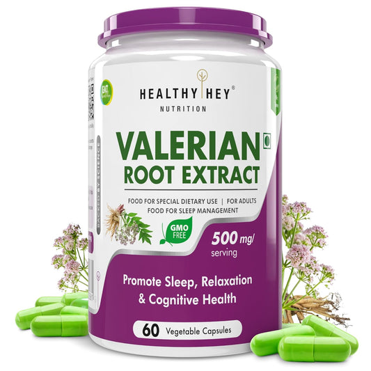 Valerian root extract supplement container with green capsules on a white background