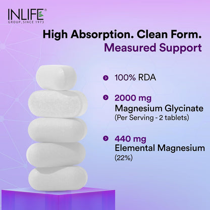 INLIFE Magnesium Glycinate 2000mg | High Absorption Formula | 22% Elemental Magnesium (440mg) | Supports Muscle, Nerve & Bone Health | For Both Men & Women| -120 Tablets (Pack of 1, 120)
