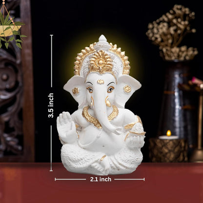 Lord Ganesha Idol for Car Dashboard, Home Decor & Pooja | Resin Gold Plated Ganpati Murti | 3.5 Inch Ganesh Statue for Gift, Diwali, Housewarming, Baby Shower, Mandir Decor, White, Pack -1